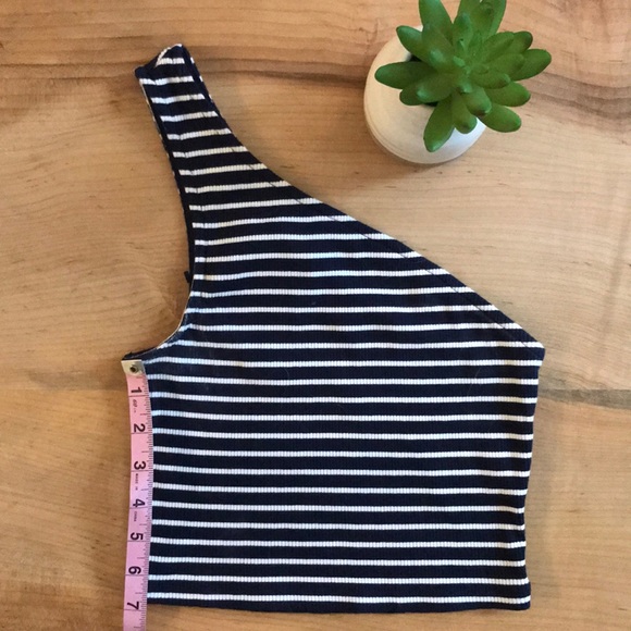 Express Crop Top Stripes One Shoulder Navy Blue - Picture 2 of 6